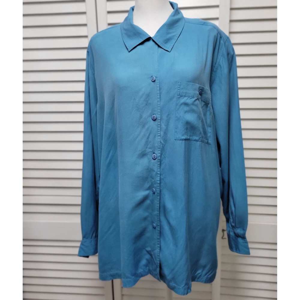 Vtg  1980's Christie & Jill Blue 100% Silk Button Up Blouse Women's SZ 1X  EUC